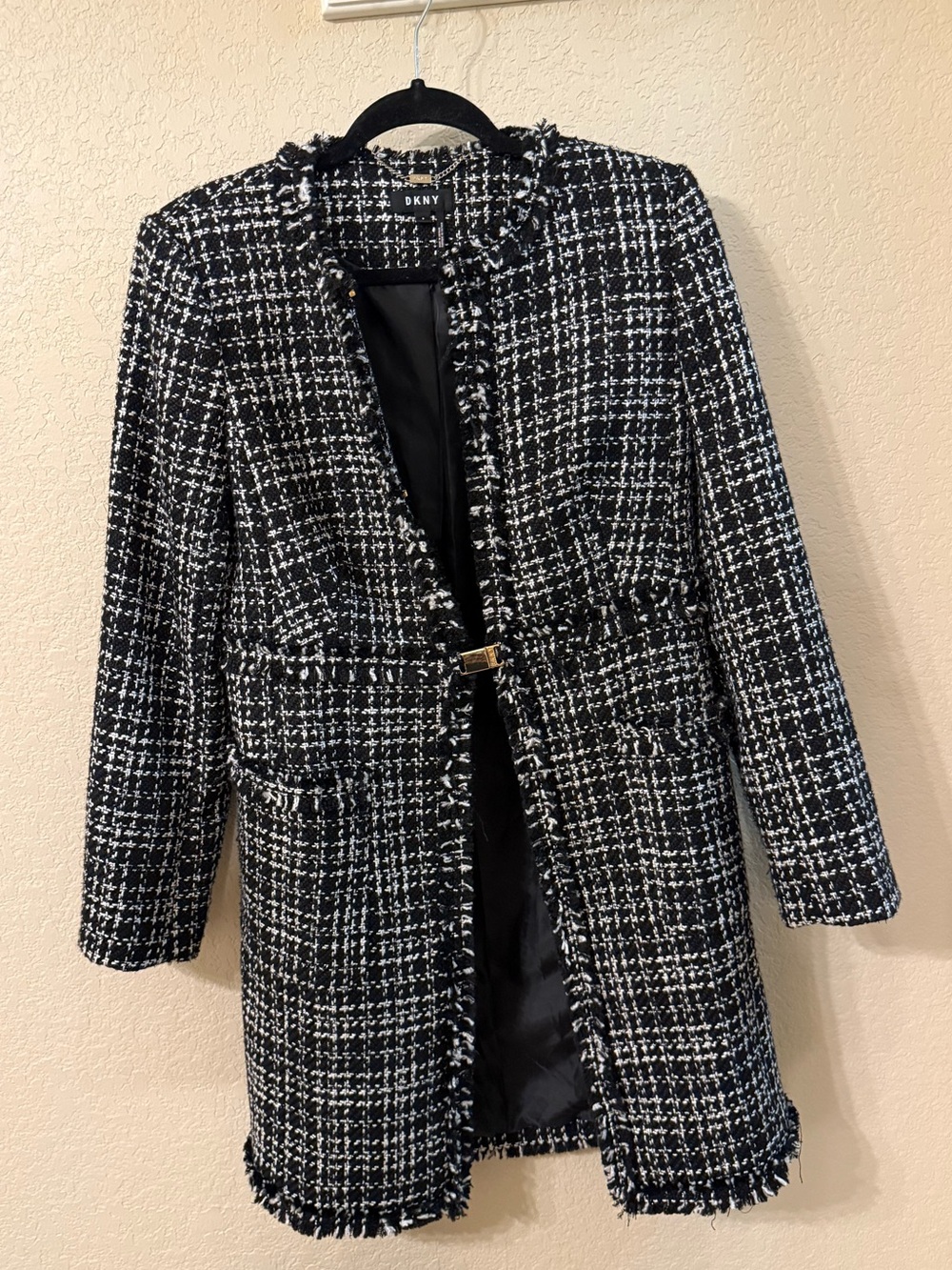 DKNY Black and White Tweed Long Blazer with Gold Buckle